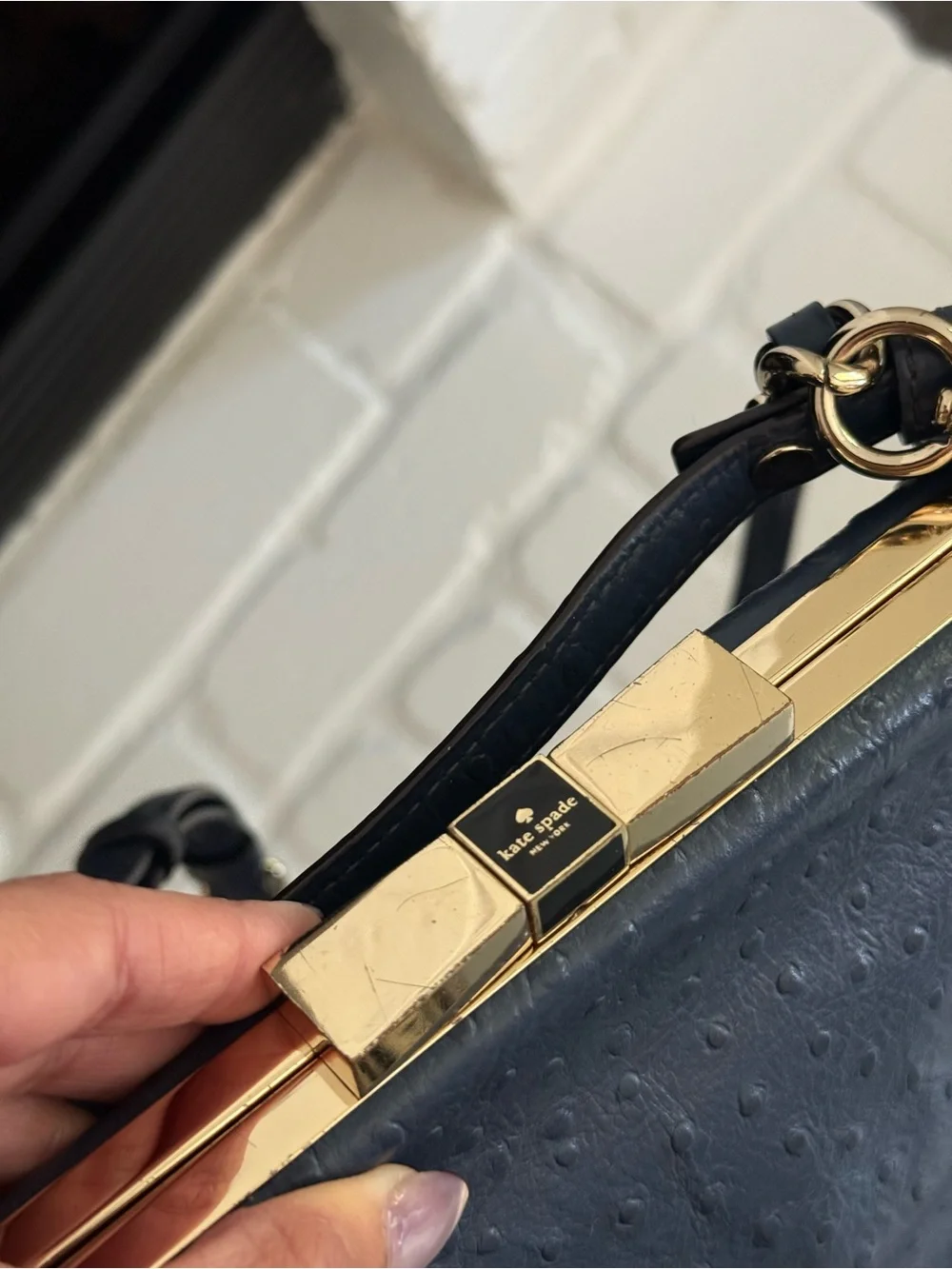 Kate Spade Victoria Falls Madeline Satchel Blue Ostrich Embossed Leather Bag